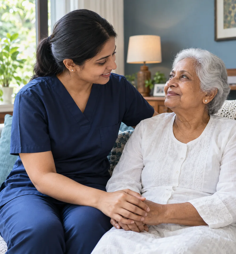 A nurse sharing a warm moment with an older woman at home