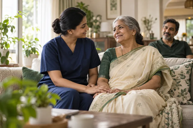 Illustrative scene of a nurse and an older woman sharing a warm moment at home